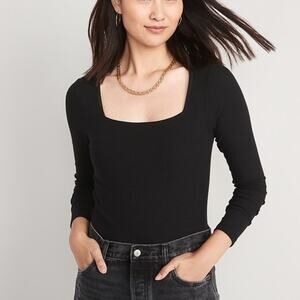 Old Navy Long-Sleeve Square Neck Rib Knit Bodysuit Black NWT Large